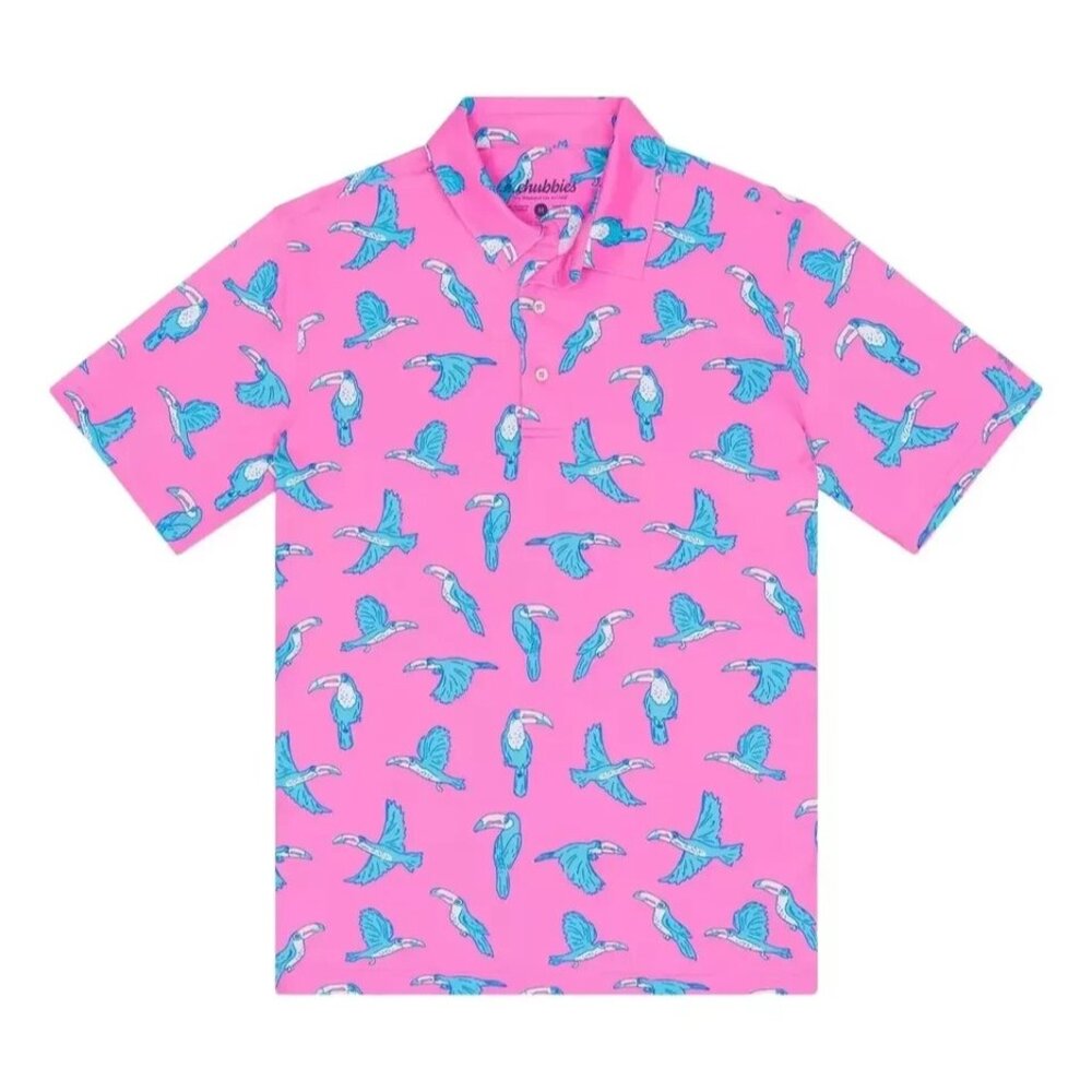 Chubbies Men's Lightweight "The Toucan Do It" Golf Polo Parrots PInk Medium - Picture 1 of 3
